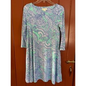 Cynthia Rowley Womens Paisley Print Shift Dress Blue Mint Green 3/4 Sleeve Small